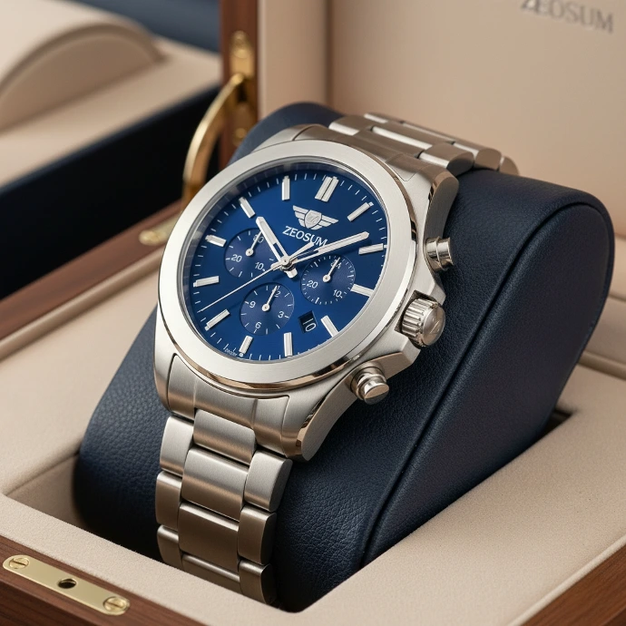 Zeosum Professional Deep Blue Dial Watch with Silver Metal Link Strap