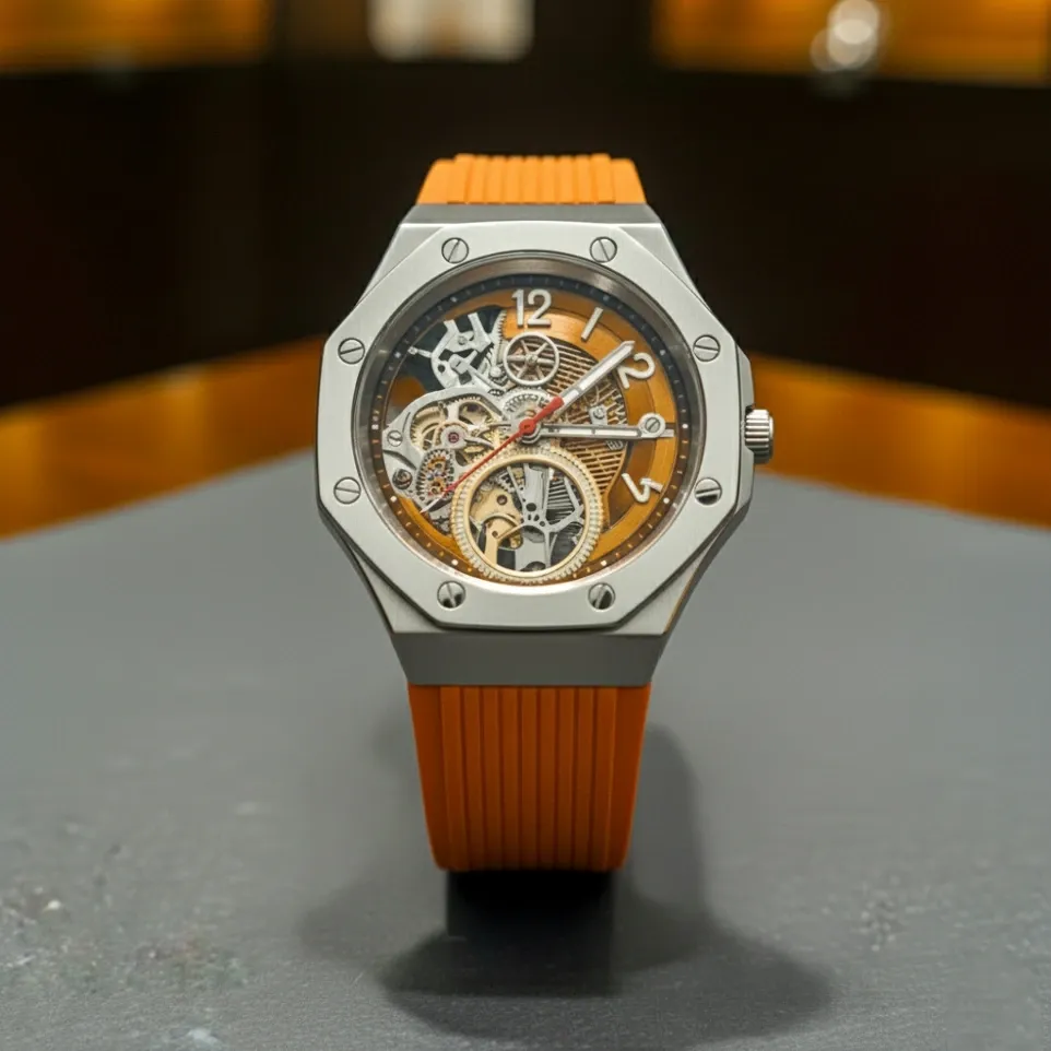 Luxury Skeleton Automatic Watch - Brushed Silver & Chocolate Brown