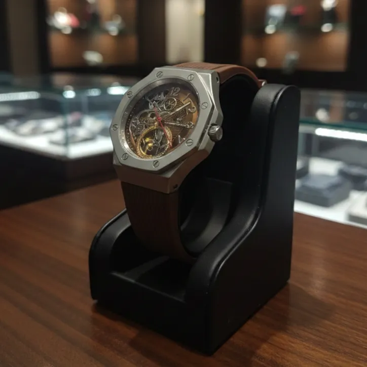 Luxury Skeleton Automatic Watch - Brushed Silver & Chocolate Brown