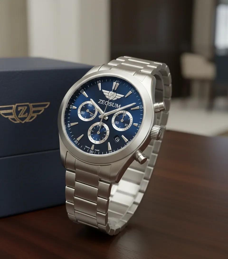 Zeosum Men’s Chronograph Watch – Blue Sunray Dial – Stainless Steel Bracelet model zeo01