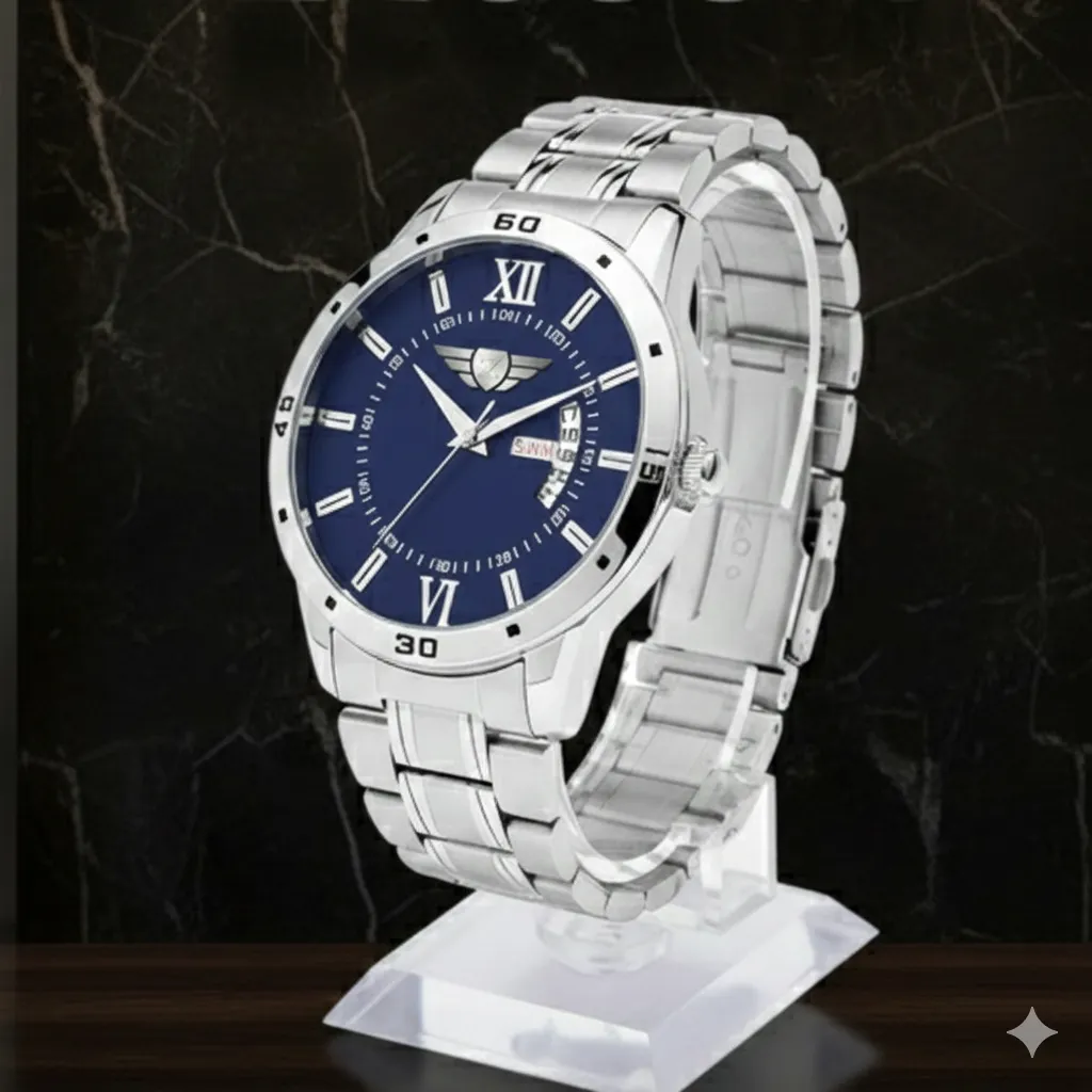 Round Dial Day & Date Functioning Stainless Steel Bracelet Quartz Mechanism Wrist Watch for Men