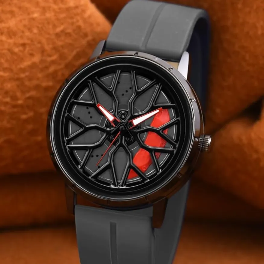 RevolveX Rotating Hollow Wheel Hub Creative Fashion Analog Silicone Magnetic Strap Wrist Watch for Men Boys