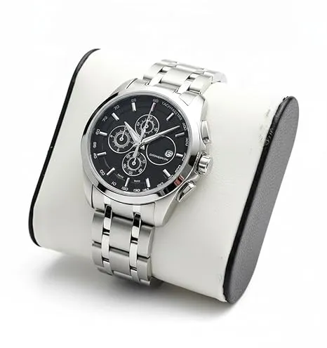 Modern Analog Watch, Silver and Black Two-Tone Stainless Steel Band, Octagonal Case, White Dial for Men